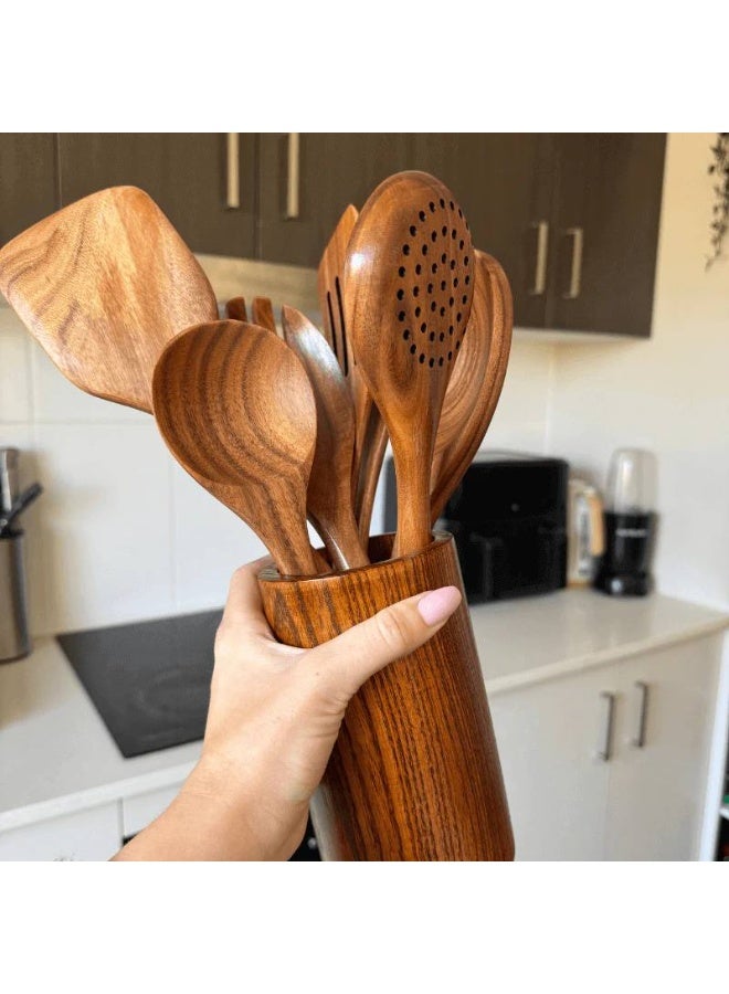 7-in-1 Natural Wood Serving Set - Safe for Teflon and Ceramic Cookware (Scratch-Resistant) Durable and durable for everyday use. Easy to clean and use. Elegant design adds a touch of sophistication to your kitchen. The set includes a flat stirring spoon, a soup spoon, a straining spoon, a serving/salad spoon, wooden serving spoons, and a wooden utensil holder. - Image 1